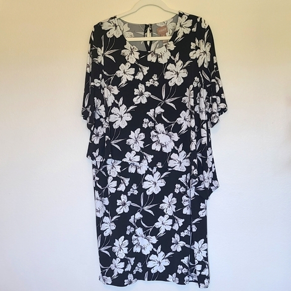 Chico's Floral Black & White Midi Dress with Layered Half Top and Keyhole Back - Picture 1 of 7